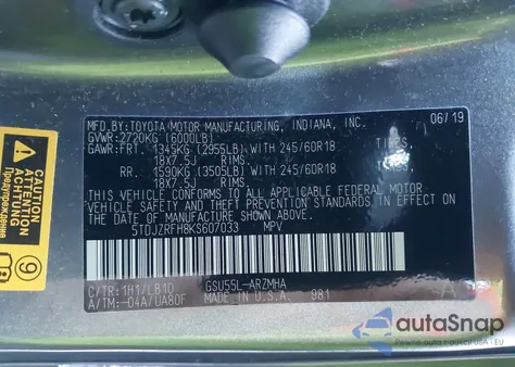 2019 Toyota Highlander Xle из США, поврежденный, VIN 5TDJZRFH8KS607033